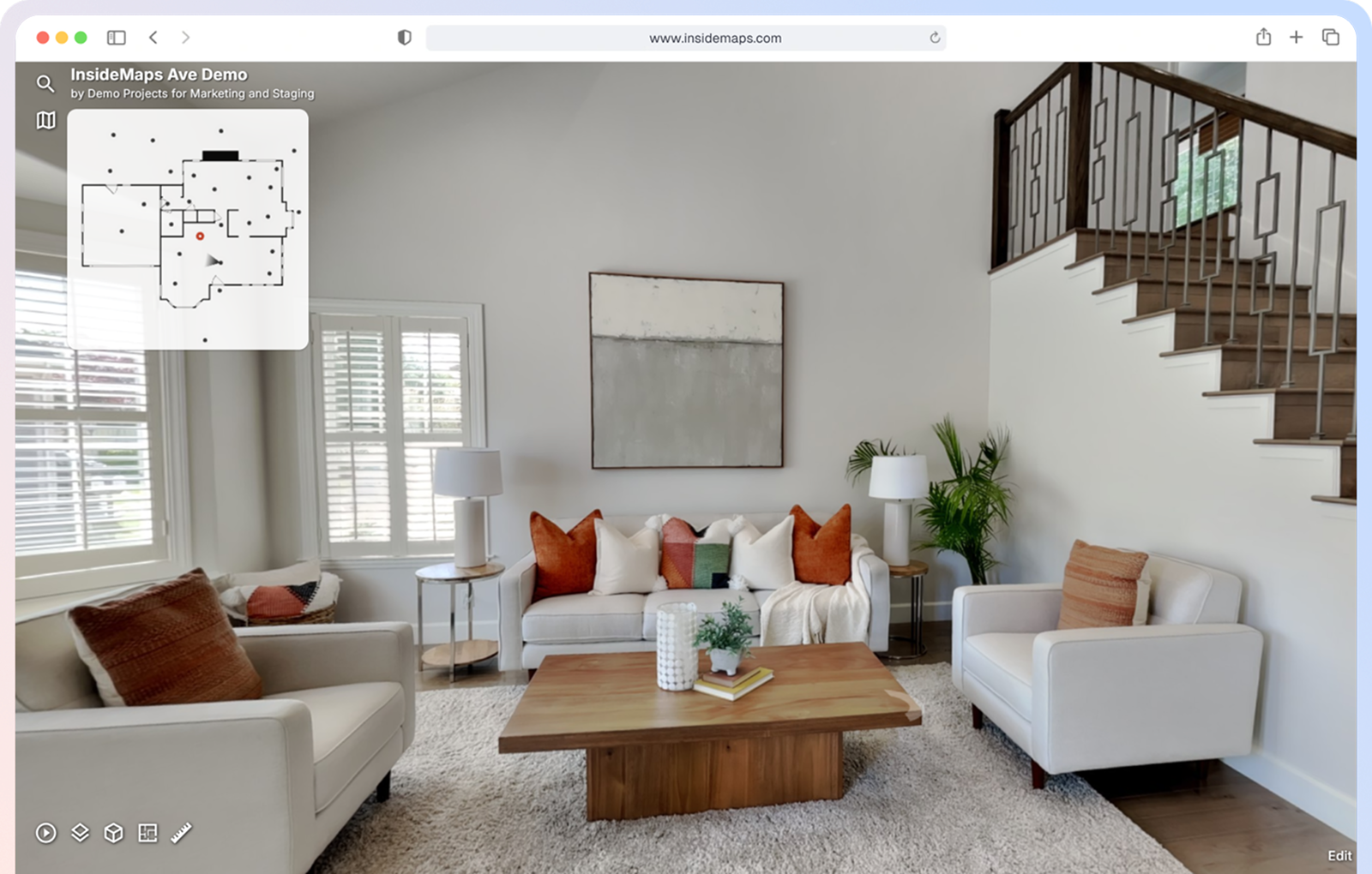 InsideMaps property tour interface showing an interior room with floor plan navigation